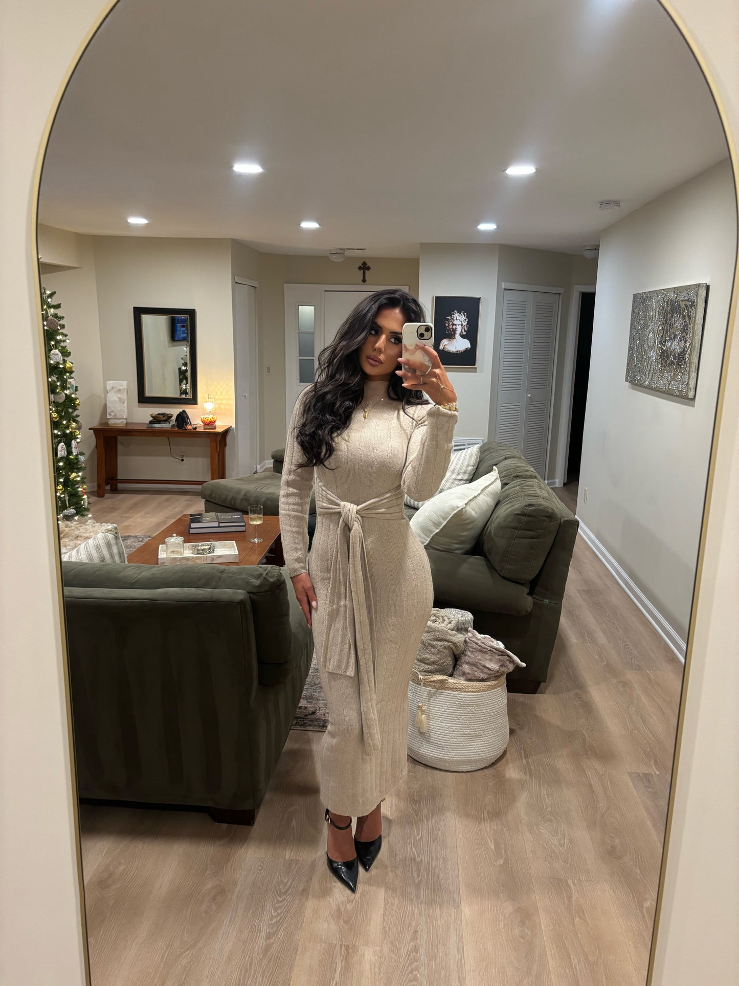 Sculpted Tie-Waist Sweater Dress