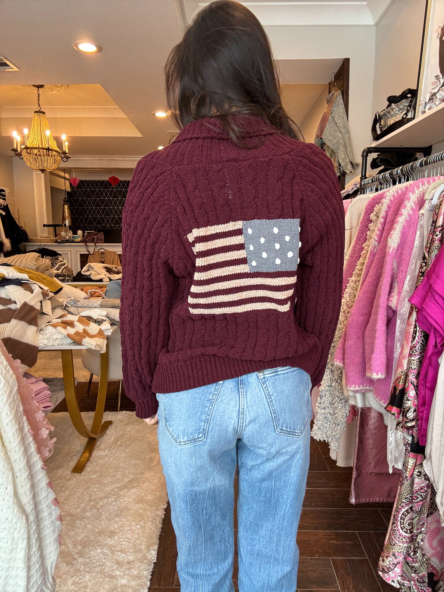 The Bordeaux Babe – Patch Pocket Cable Knit Cardigan