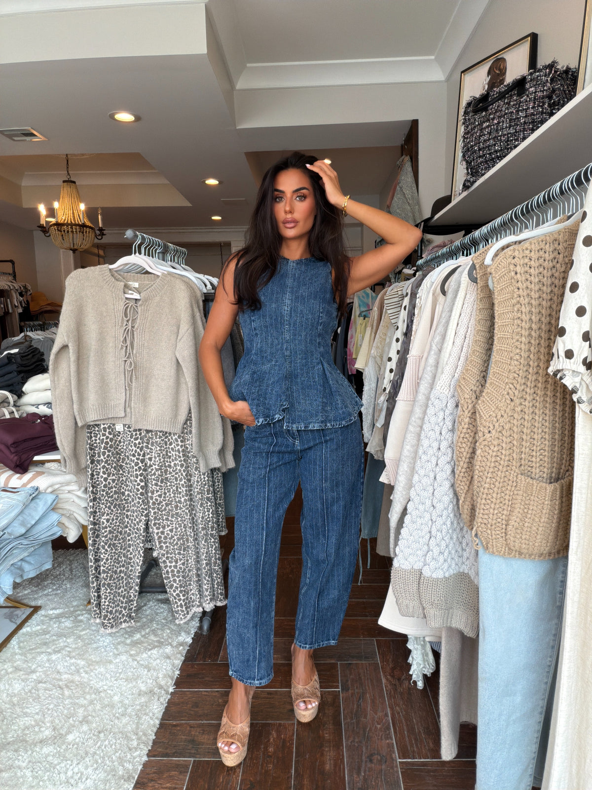 Sutton Denim Peplum Top & Barrel Pant Set
