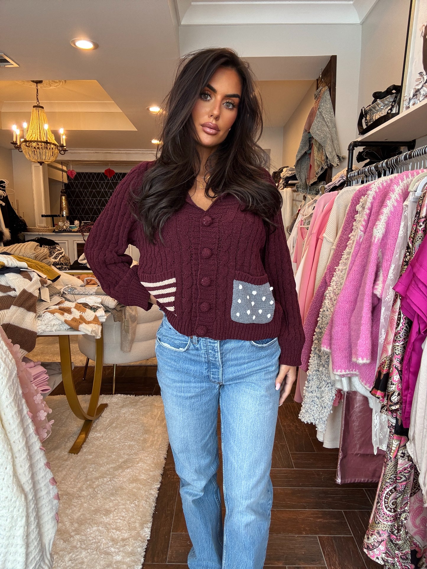 The Bordeaux Babe – Patch Pocket Cable Knit Cardigan