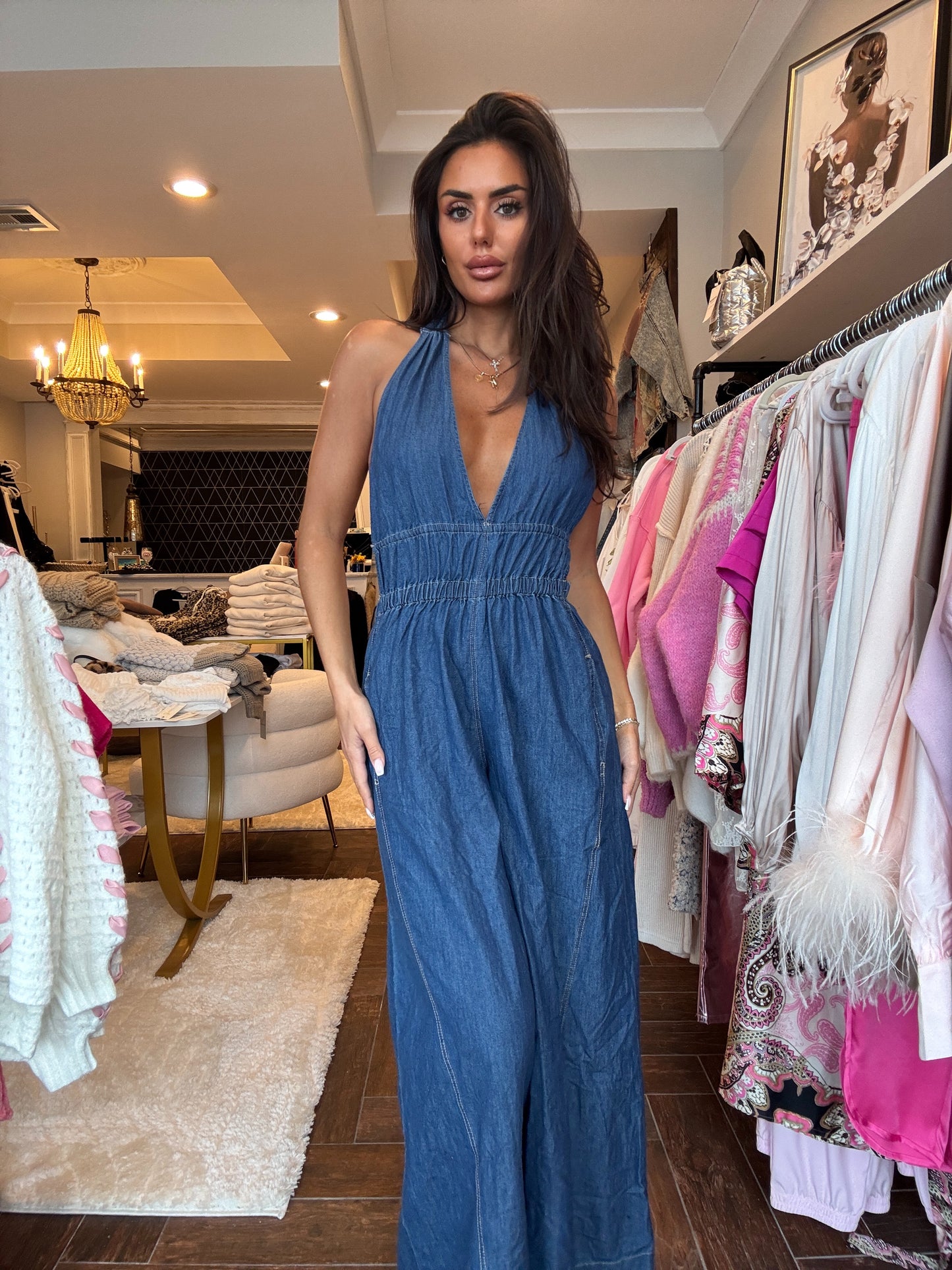 Bluebell Deep V Halter Wide-Leg Denim Jumpsuit